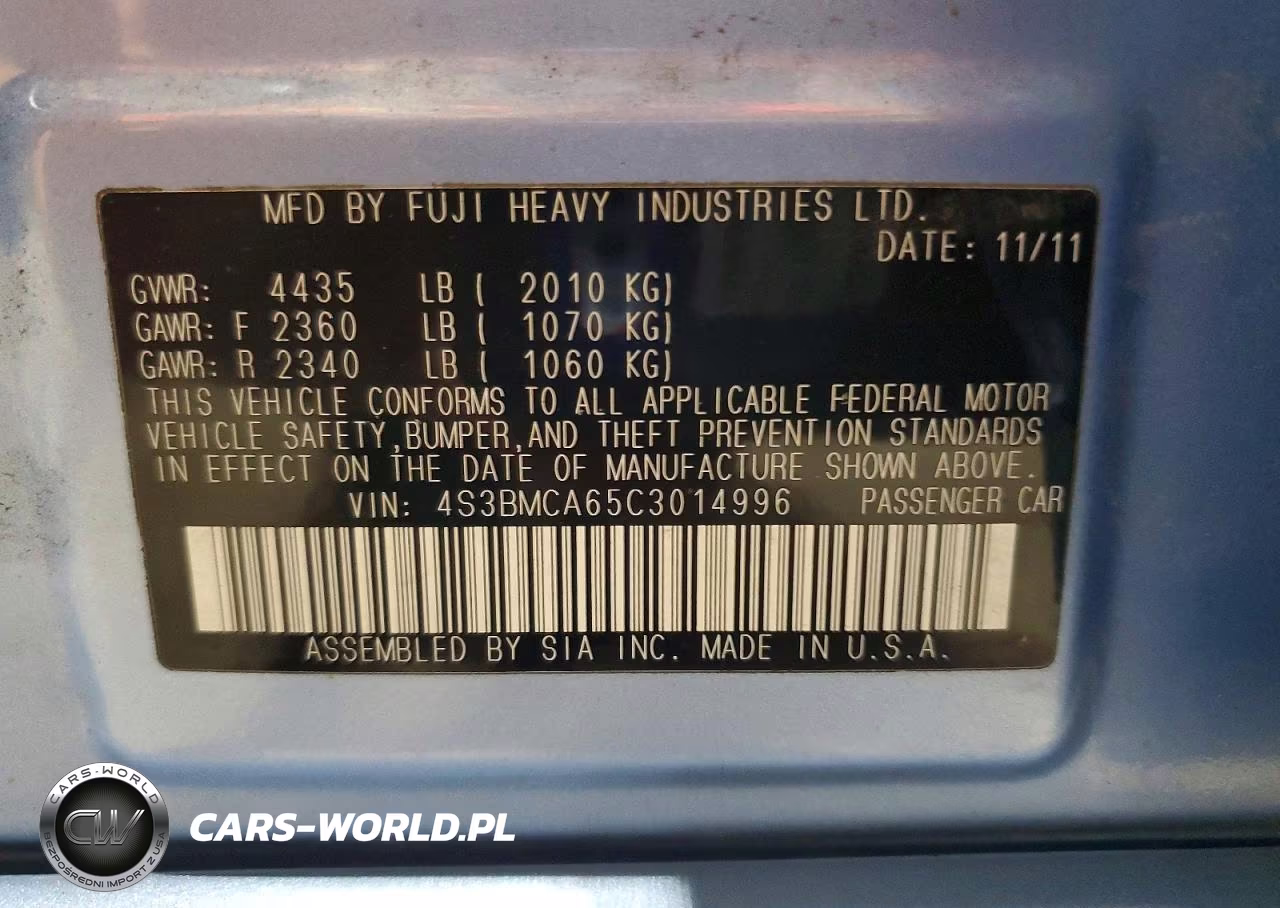 2012 Subaru Legacy 2.5I VIN:4S3BMCA65C3014996 - 12