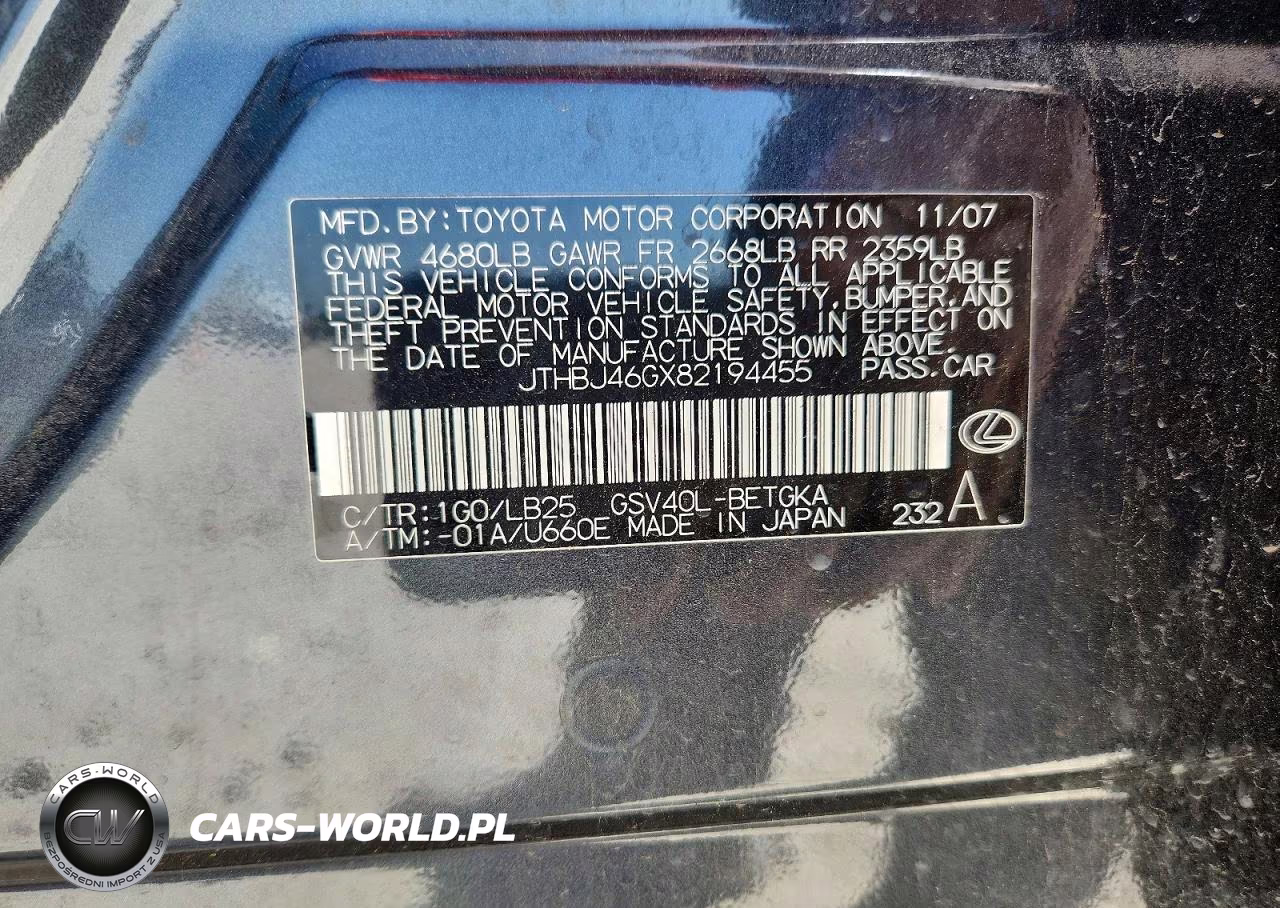 2008 Lexus Es 350 VIN:JTHBJ46GX82194455 - 12