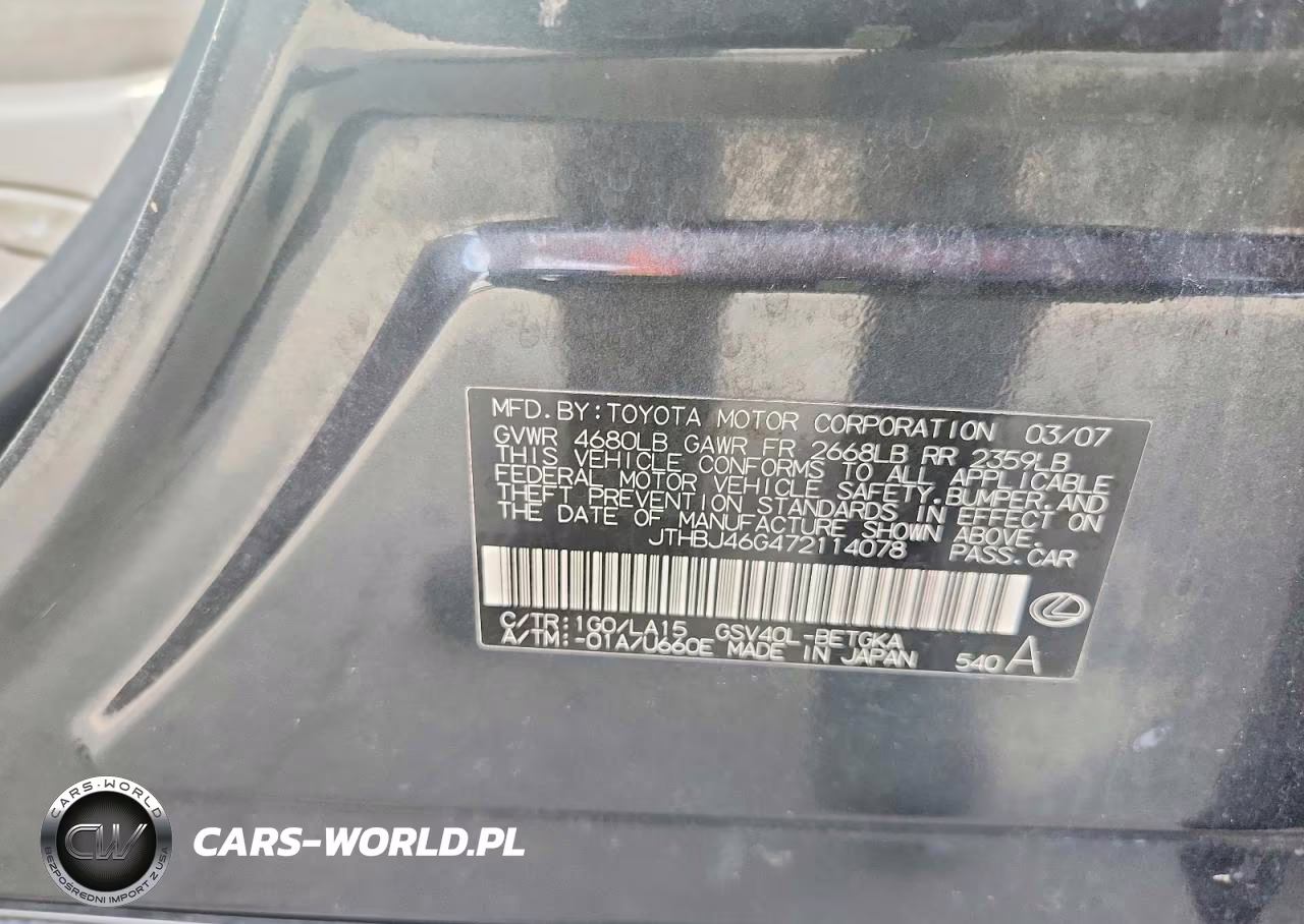 2007 Lexus Es 350 VIN:JTHBJ46G472114078 - 12