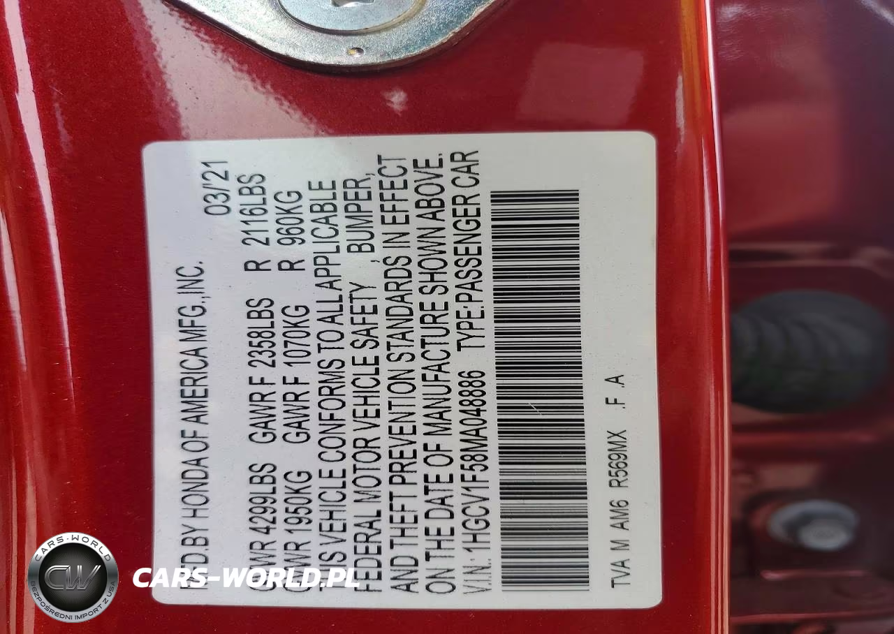 2021 Honda Accord Exl VIN:1HGCV1F58MA048886 - 13