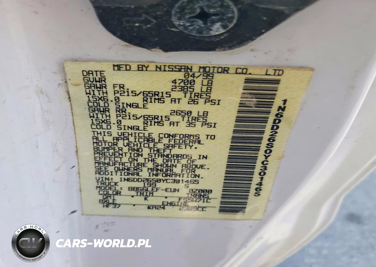 2000 Nissan Frontier Xe VIN:1N6DD26S0YC301465 - 12