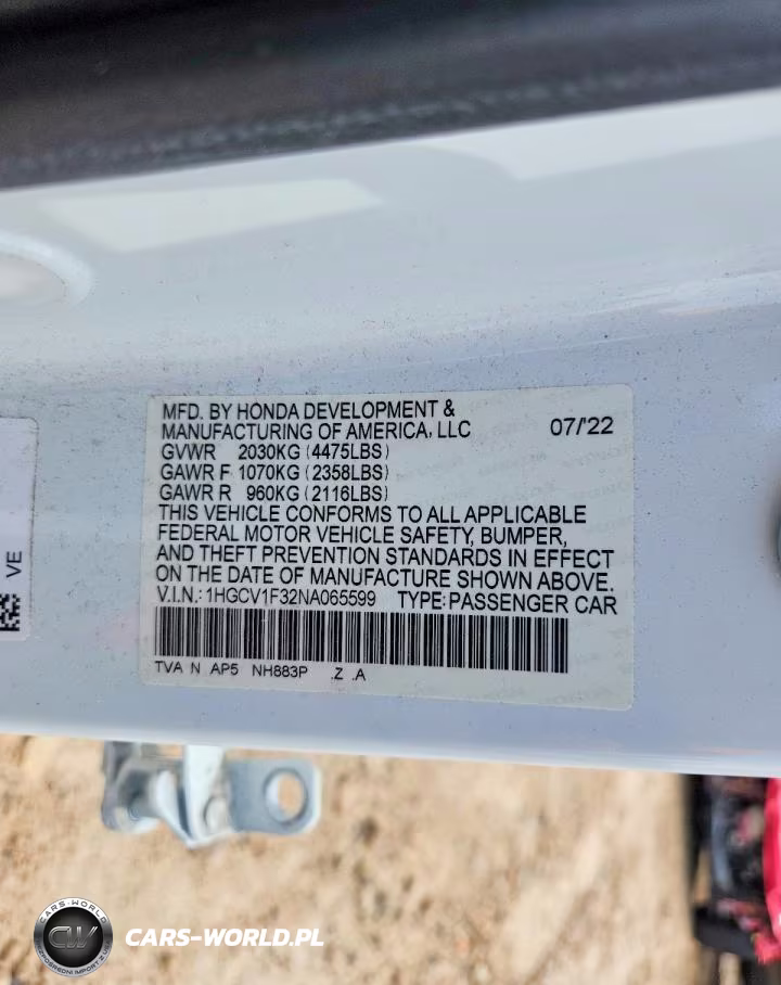 2022 Honda Accord Sport VIN:1HGCV1F32NA065599 - 12