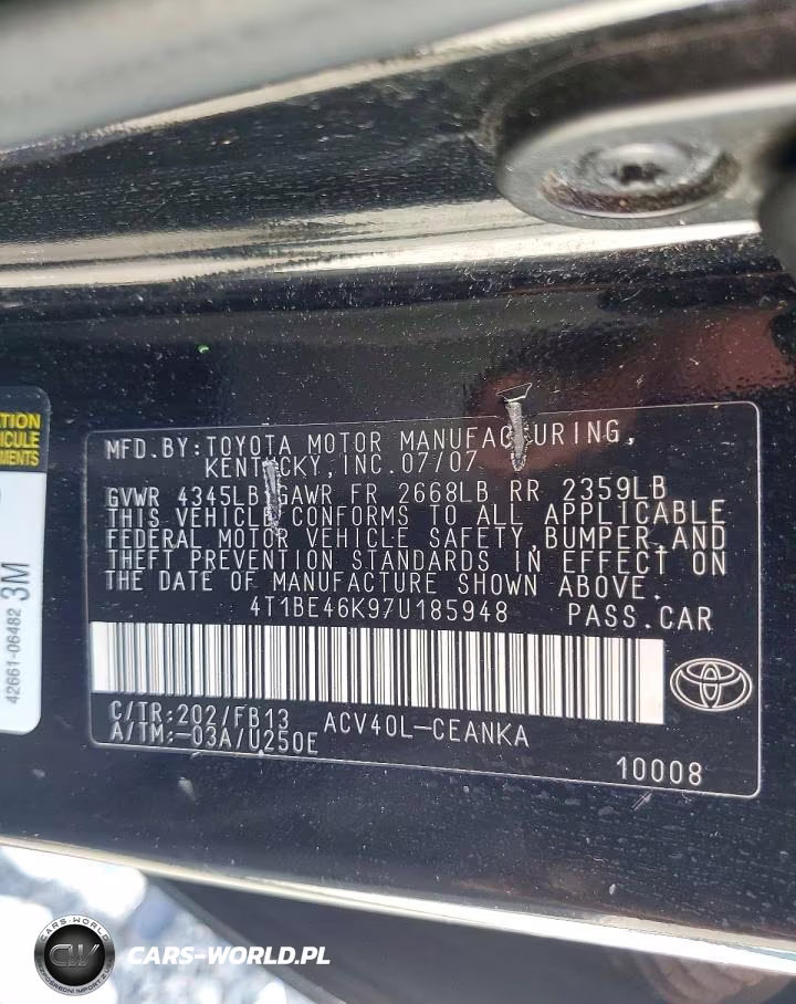 2007 Toyota Camry Le VIN:4T1BE46K97U185948 - 12