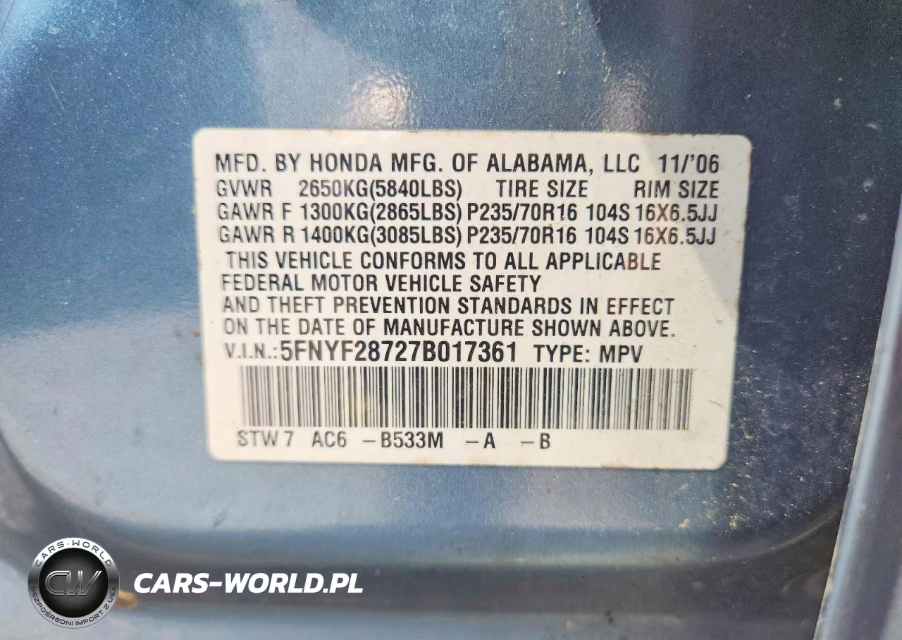 2007 Honda Pilot Exl VIN:5FNYF28727B017361 - 13