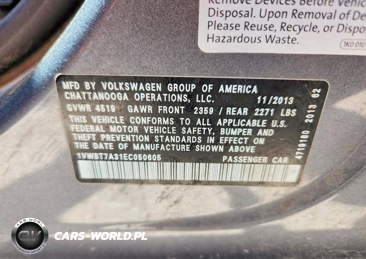 2014 Volkswagen Passat Se VIN:1VWBT7A31EC050605 - 12