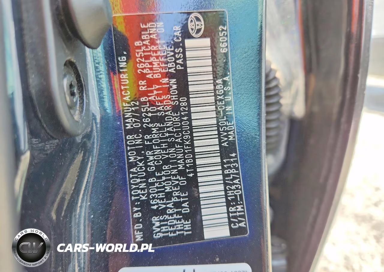 2012 Toyota Camry Hybrid Xle VIN:4T1BD1FK9CU041280 - 12
