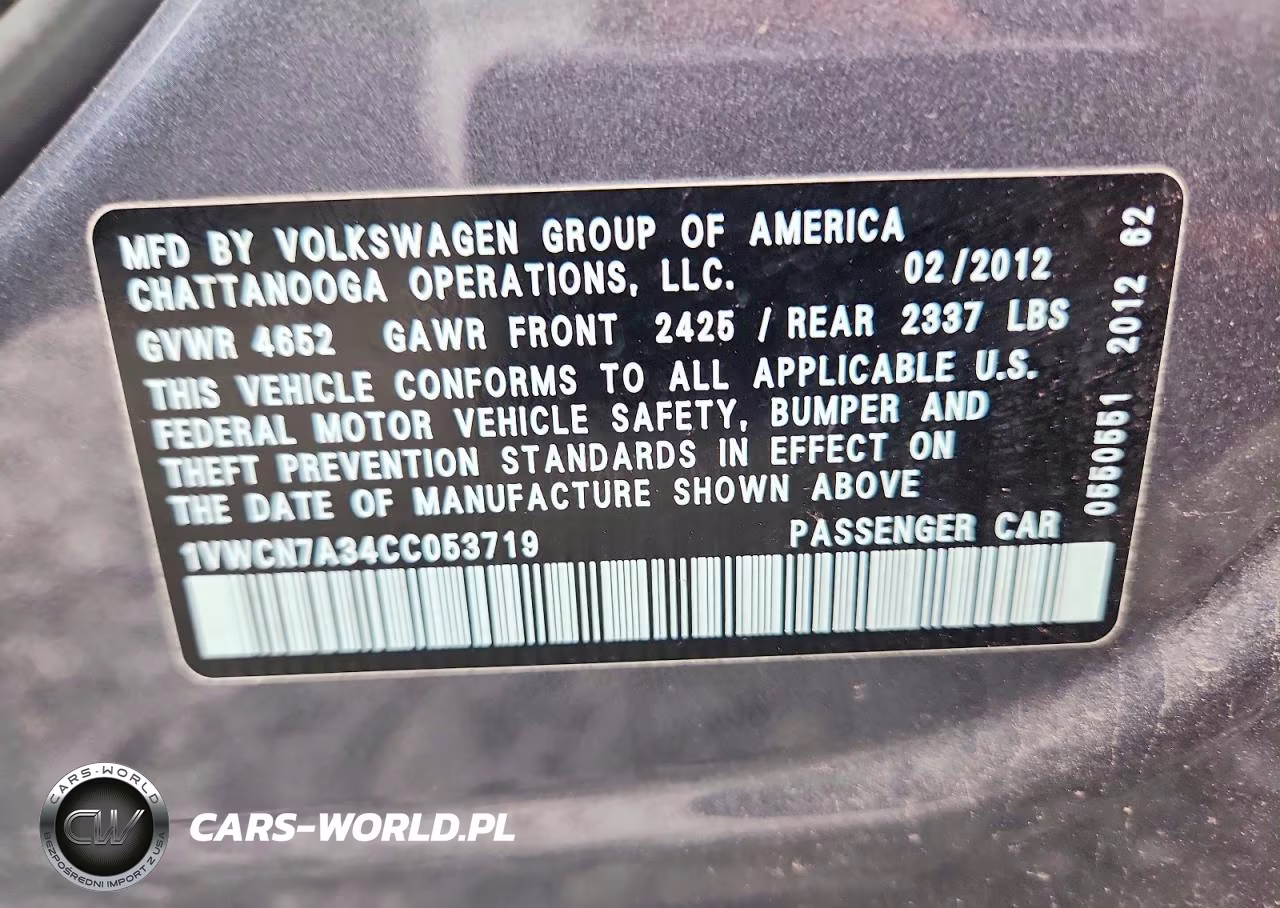 VOLKSWAGEN PASSAT VIN:1VWCN7A34CC053719 - 12