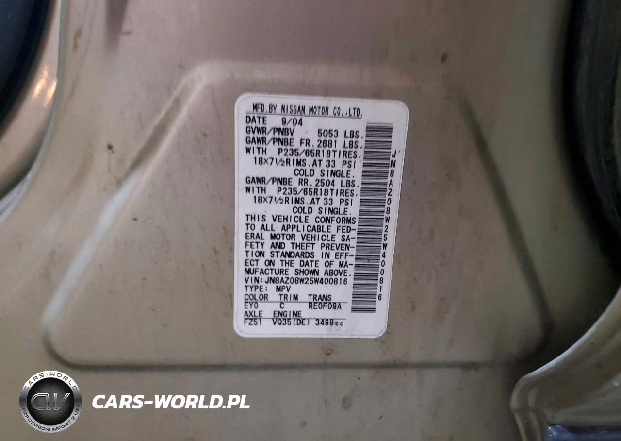 2005 Nissan Murano S VIN:JN8AZ08W25W400816 - 14