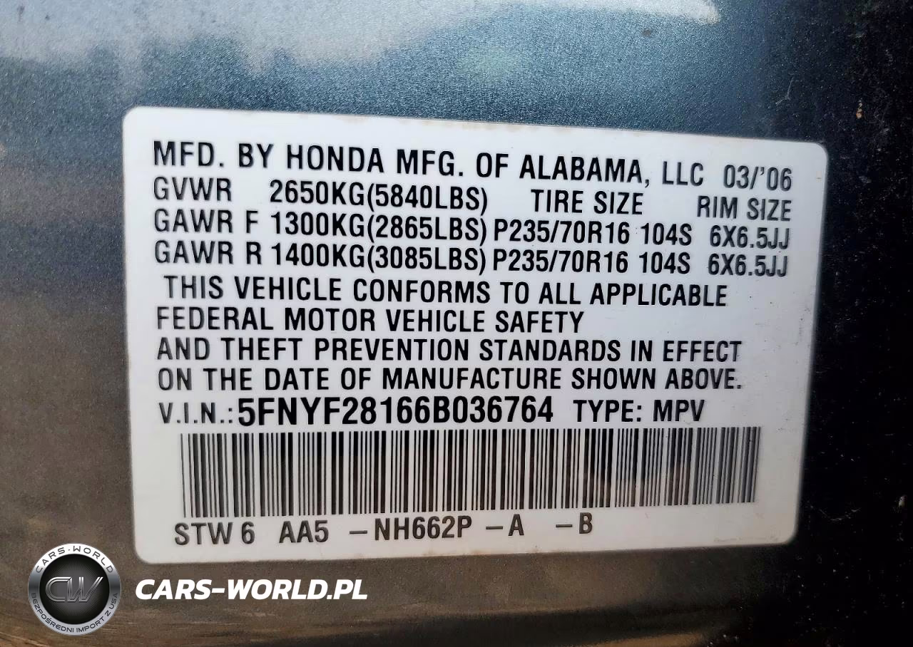 2006 Honda Pilot Lx VIN:5FNYF28166B036764 - 13