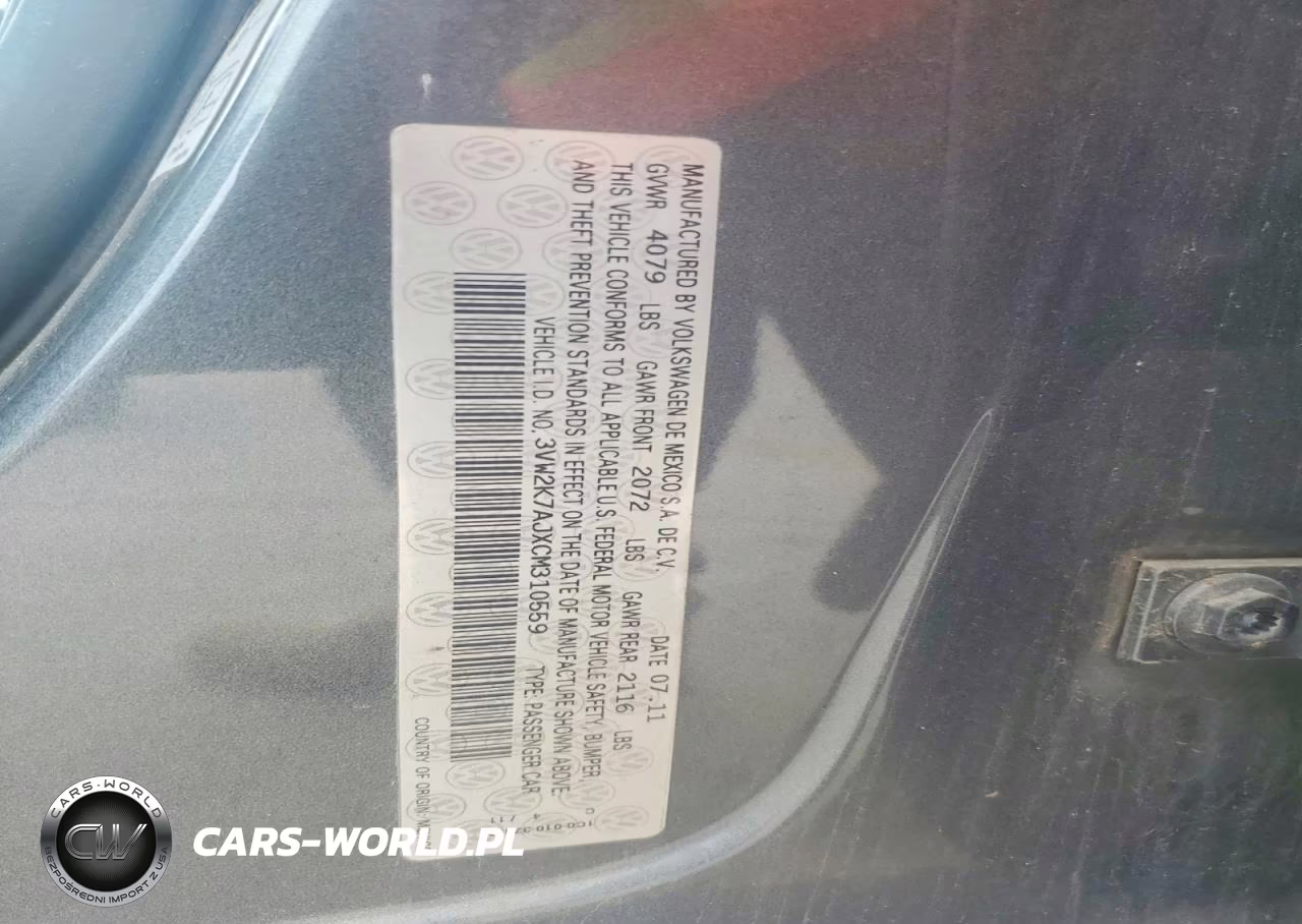 2012 Volkswagen Jetta Base VIN:3VW2K7AJXCM310559 - 12