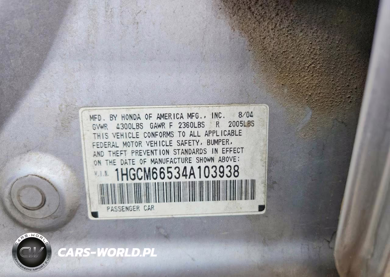 2004 Honda Accord Ex VIN:1HGCM66534A103938 - 11