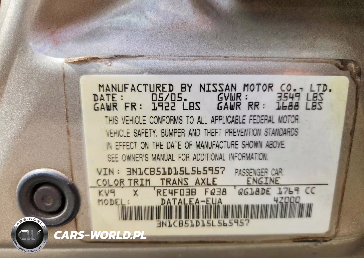 2005 Nissan Sentra 1.8 VIN:3N1CB51D15L565957 - 12