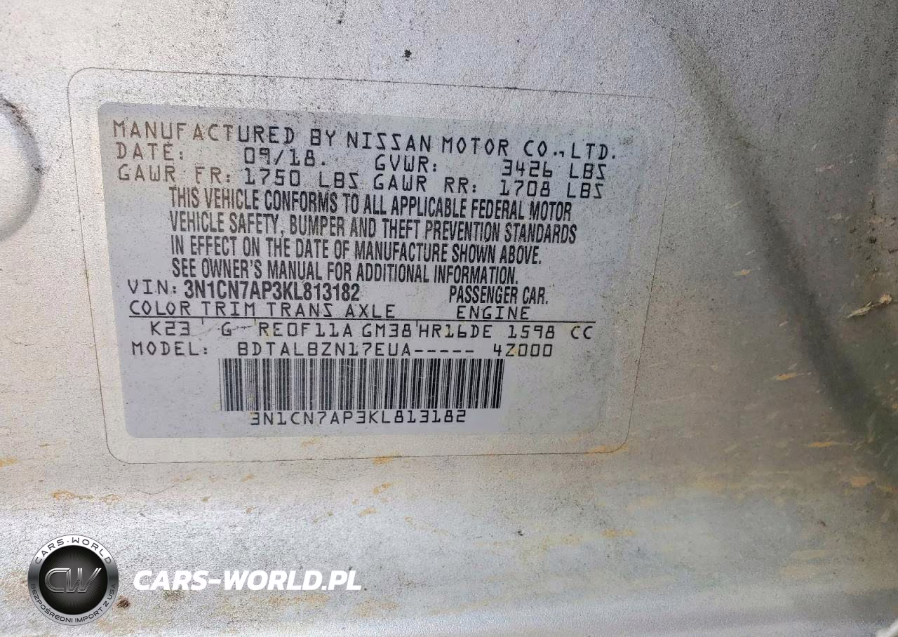 2019 Nissan Versa Sv VIN:3N1CN7AP3KL813182 - 12