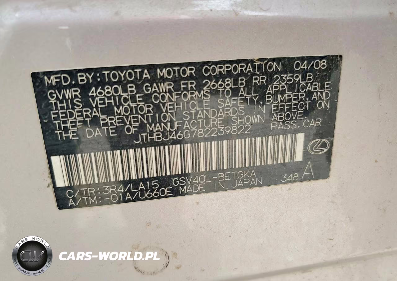 2008 Lexus Es 350 VIN:JTHBJ46G782239822 - 12