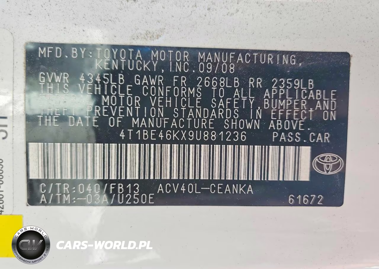 2009 Toyota Camry Le VIN:4T1BE46KX9U881236 - 12
