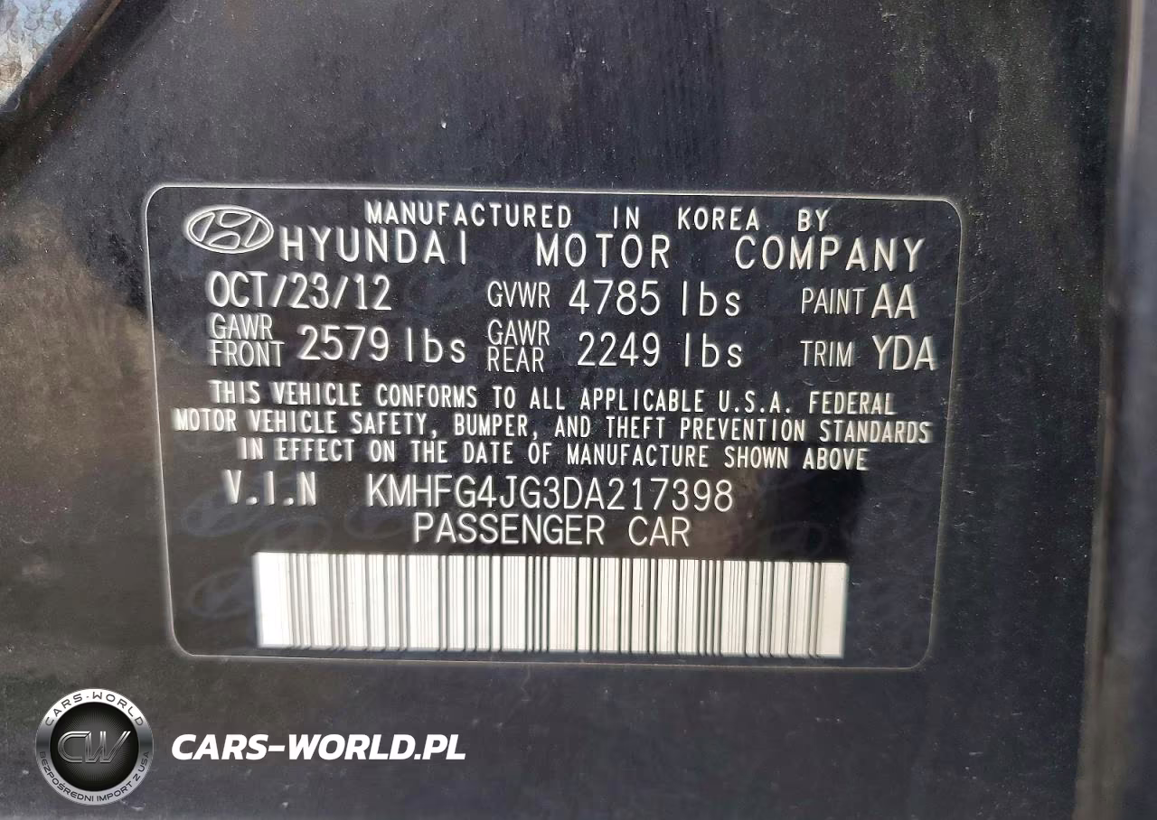 2013 Hyundai Azera Base VIN:KMHFG4JG3DA217398 - 13