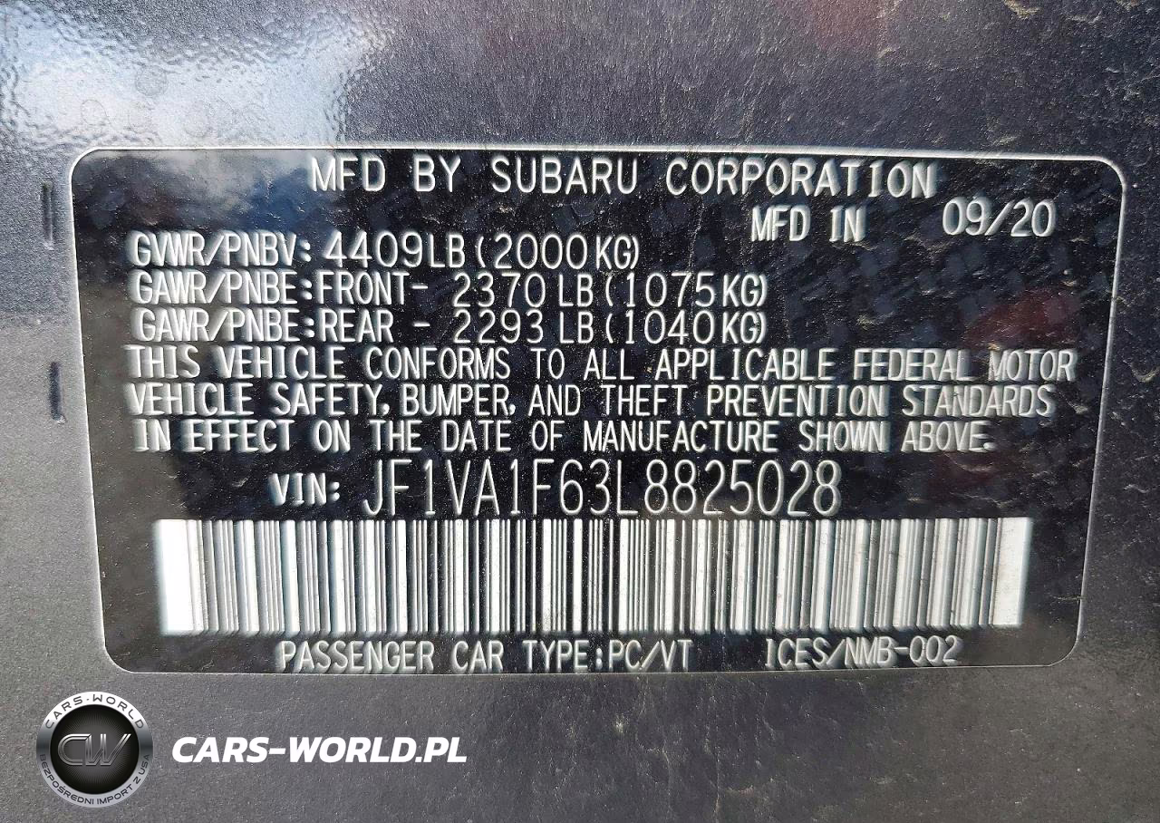 2020 Subaru Wrx Premium VIN:JF1VA1F63L8825028 - 12