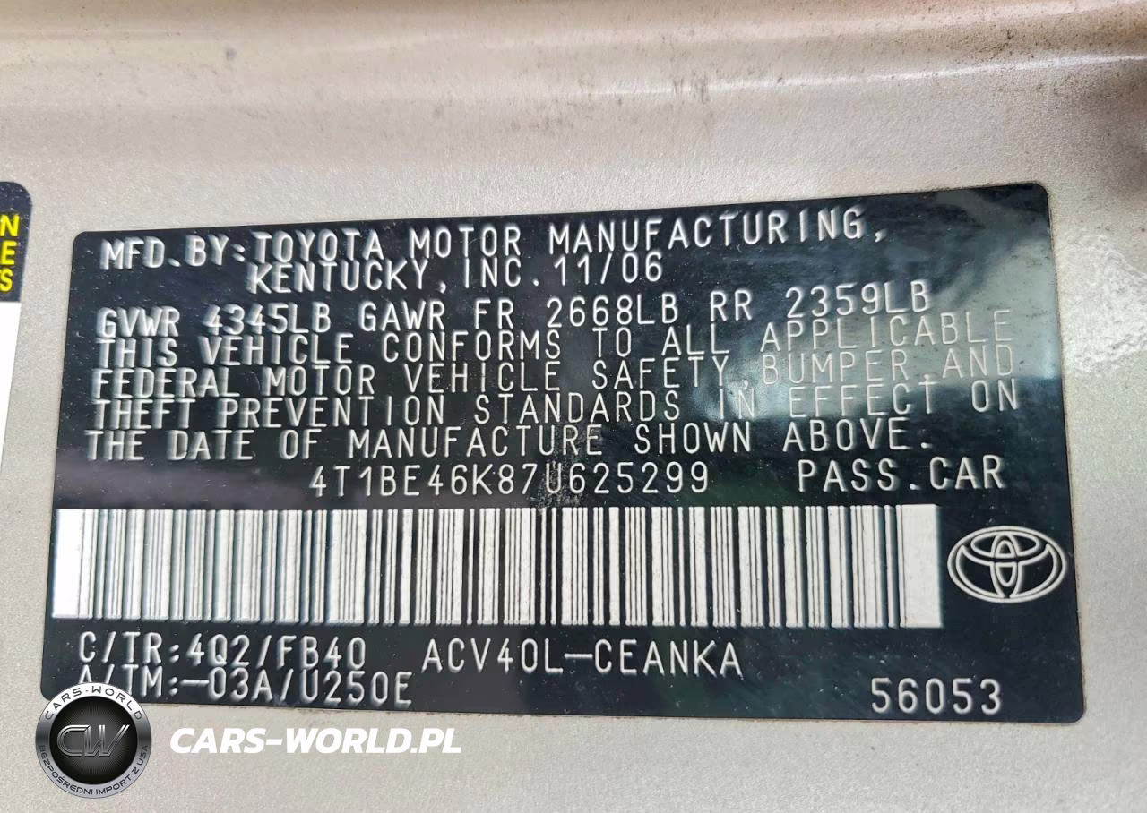 2007 Toyota Camry Le VIN:4T1BE46K87U625299 - 12