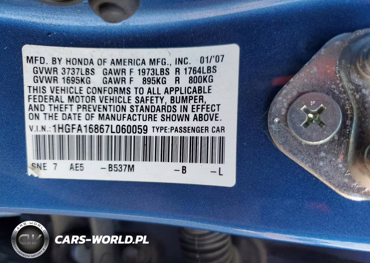 2007 Honda Civic Ex VIN:1HGFA16867L060059 - 13