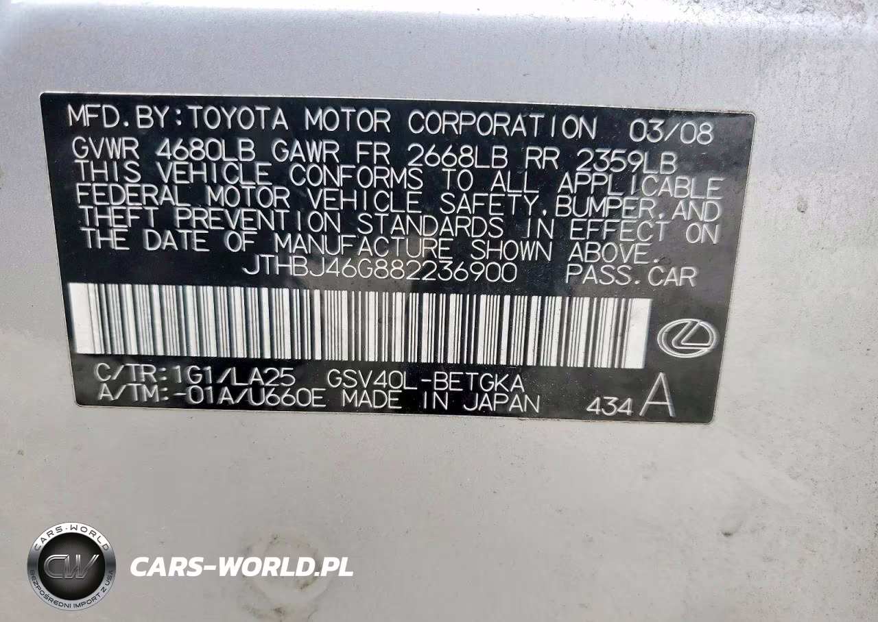 2008 Lexus Es 350 VIN:JTHBJ46G882236900 - 12
