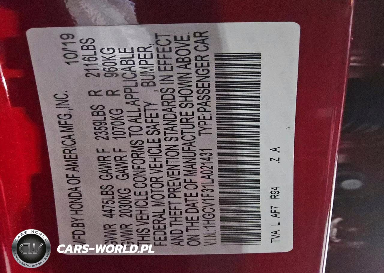 2020 Honda Accord Sport VIN:1HGCV1F31LA021431 - 12