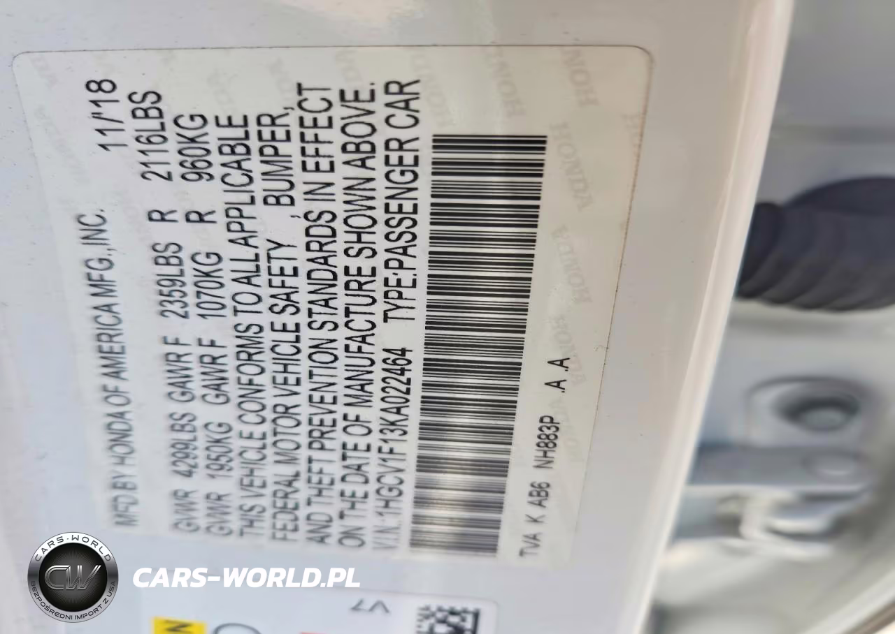 2019 Honda Accord Lx VIN:1HGCV1F13KA022464 - 12
