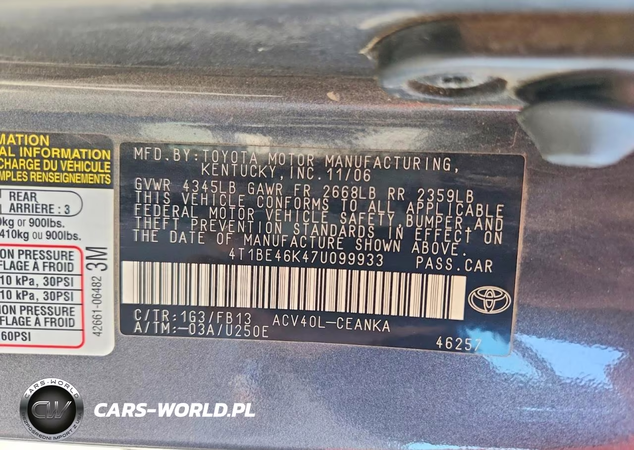 2007 Toyota Camry Le VIN:4T1BE46K47U099933 - 12