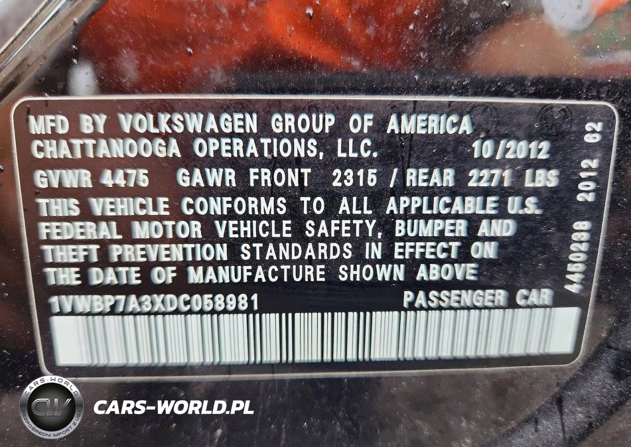 2013 Volkswagen Passat Se VIN:1VWBP7A3XDC058981 - 12