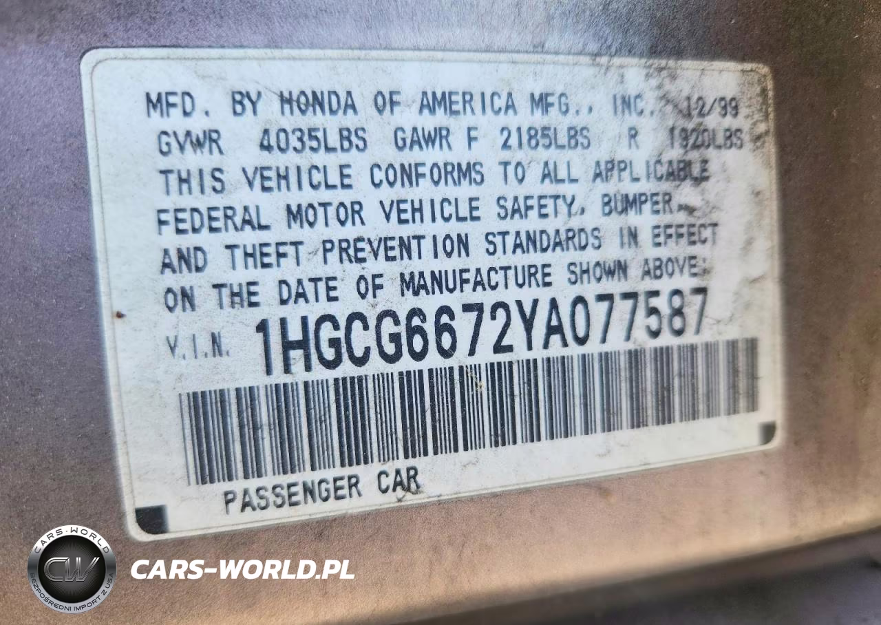 2000 Honda Accord Ex VIN:1HGCG6672YA077587 - 12