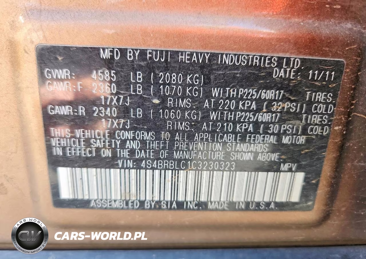 2012 Subaru Outback 2.5I Limited VIN:4S4BRBLC1C3230323 - 12