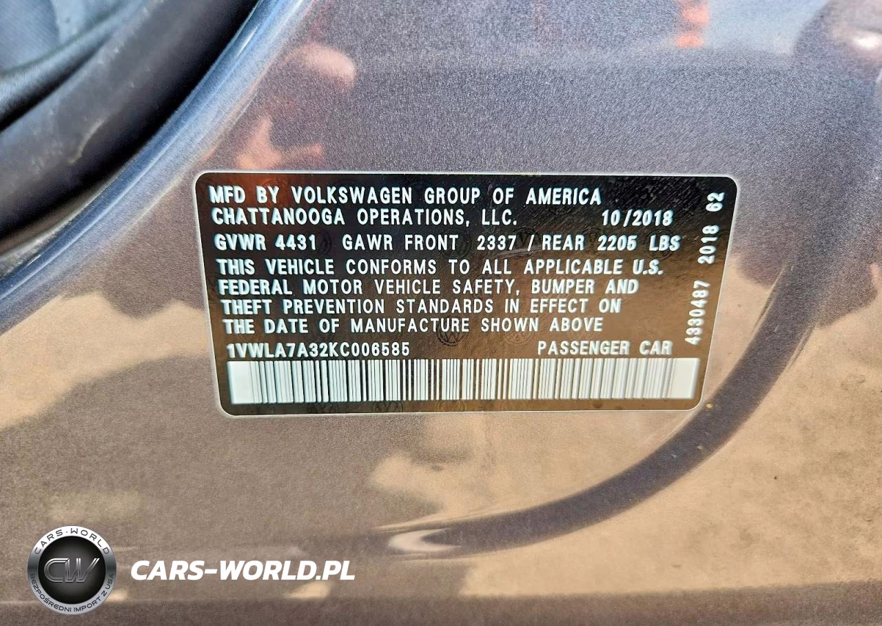 2019 Volkswagen Passat Wolfsburg VIN:1VWLA7A32KC006585 - 12
