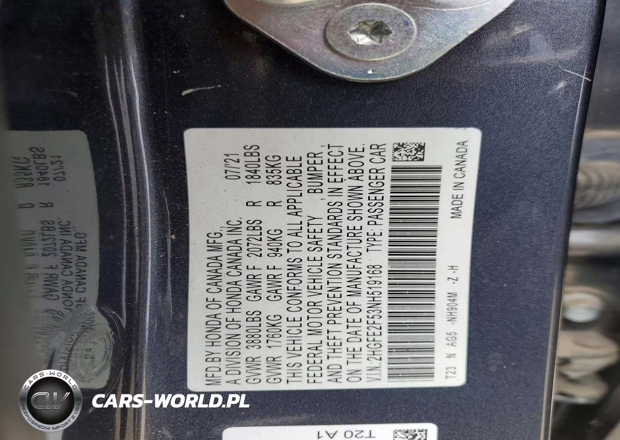 2022 Honda Civic Sport VIN:2HGFE2F53NH519168 - 12