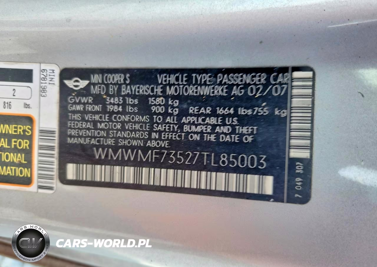 2007 Mini Cooper S VIN:WMWMF73527TL85003 - 12