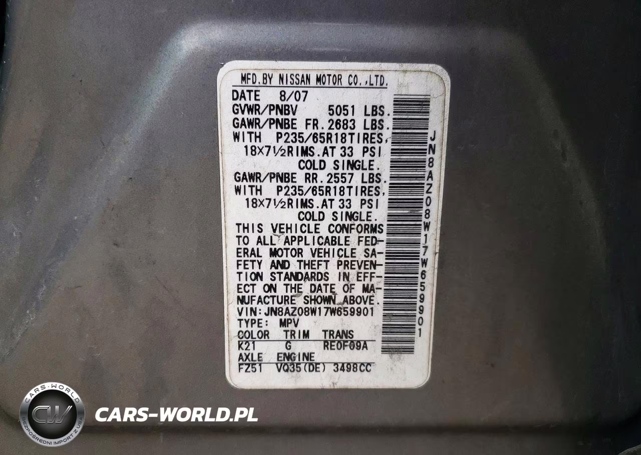 2007 Nissan Murano S VIN:JN8AZ08W17W659901 - 13