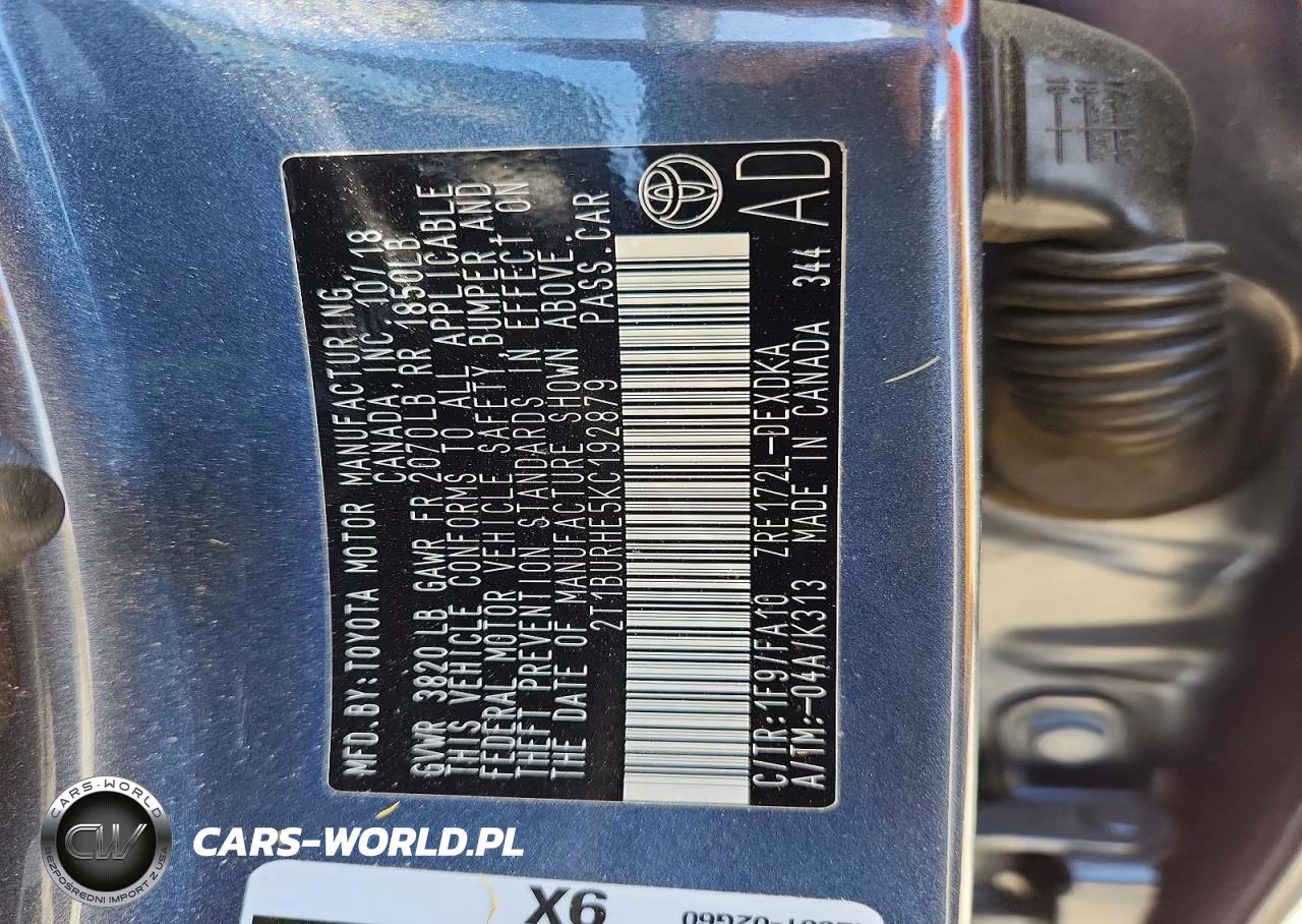 2019 Toyota Corolla L VIN:2T1BURHE5KC192879 - 12