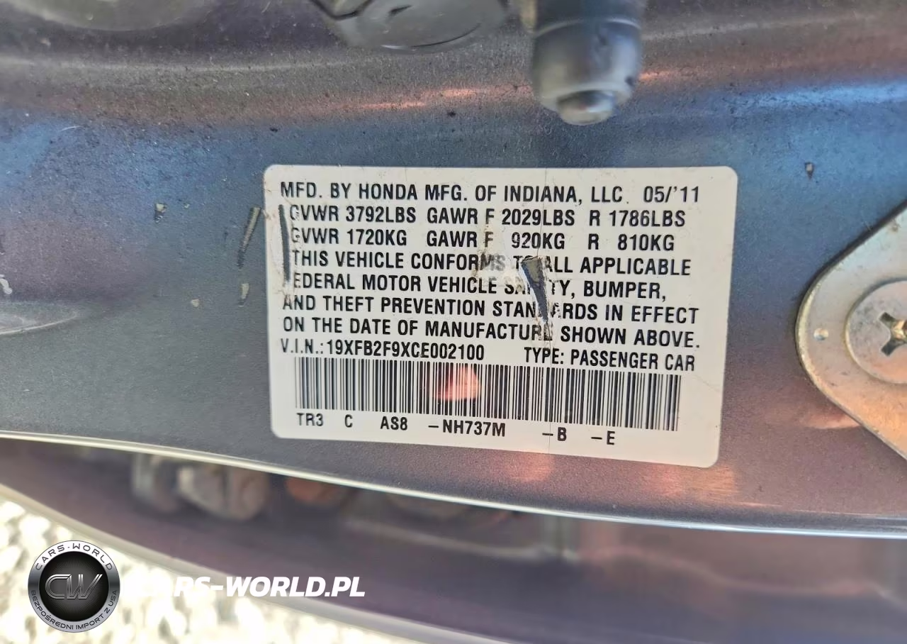 2012 Honda Civic Exl VIN:19XFB2F9XCE002100 - 12
