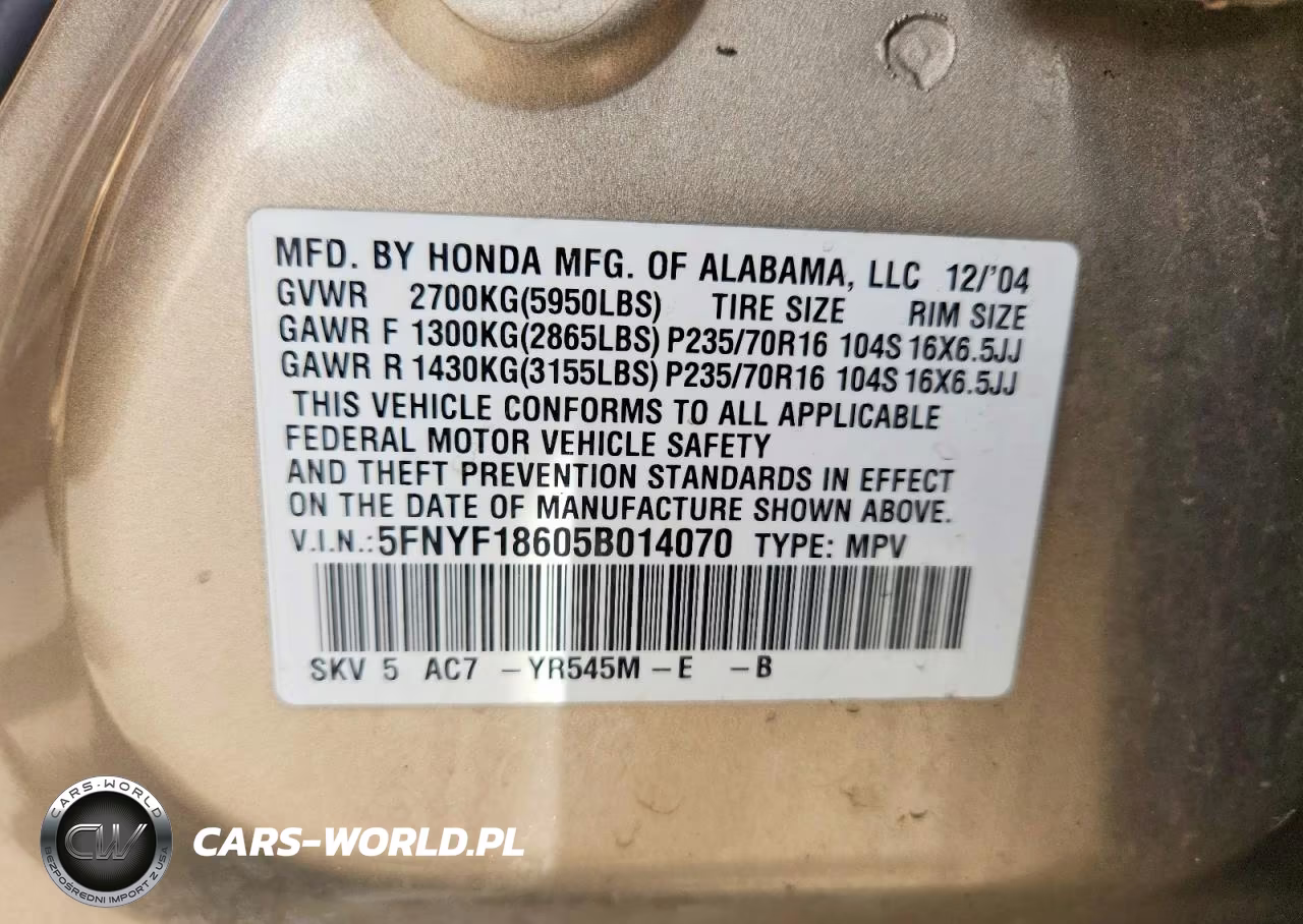 2005 Honda Pilot Exl VIN:5FNYF18605B014070 - 12