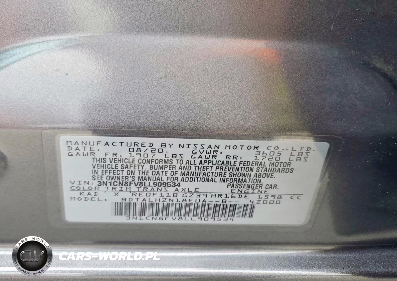 2020 Nissan Versa Sr VIN:3N1CN8FV8LL909534 - 12