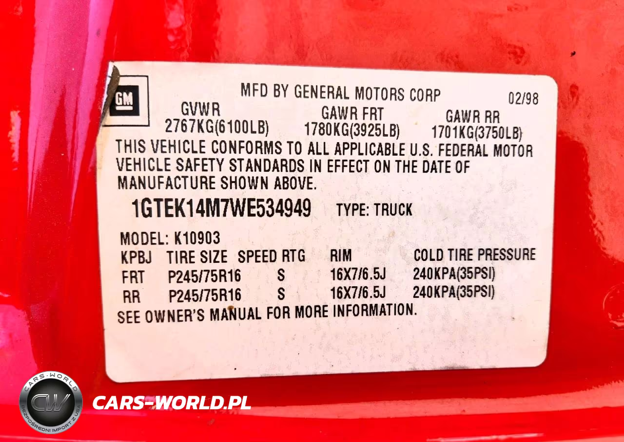 1998 GMC Sierra K1500 VIN:1GTEK14M7WE534949 - 12