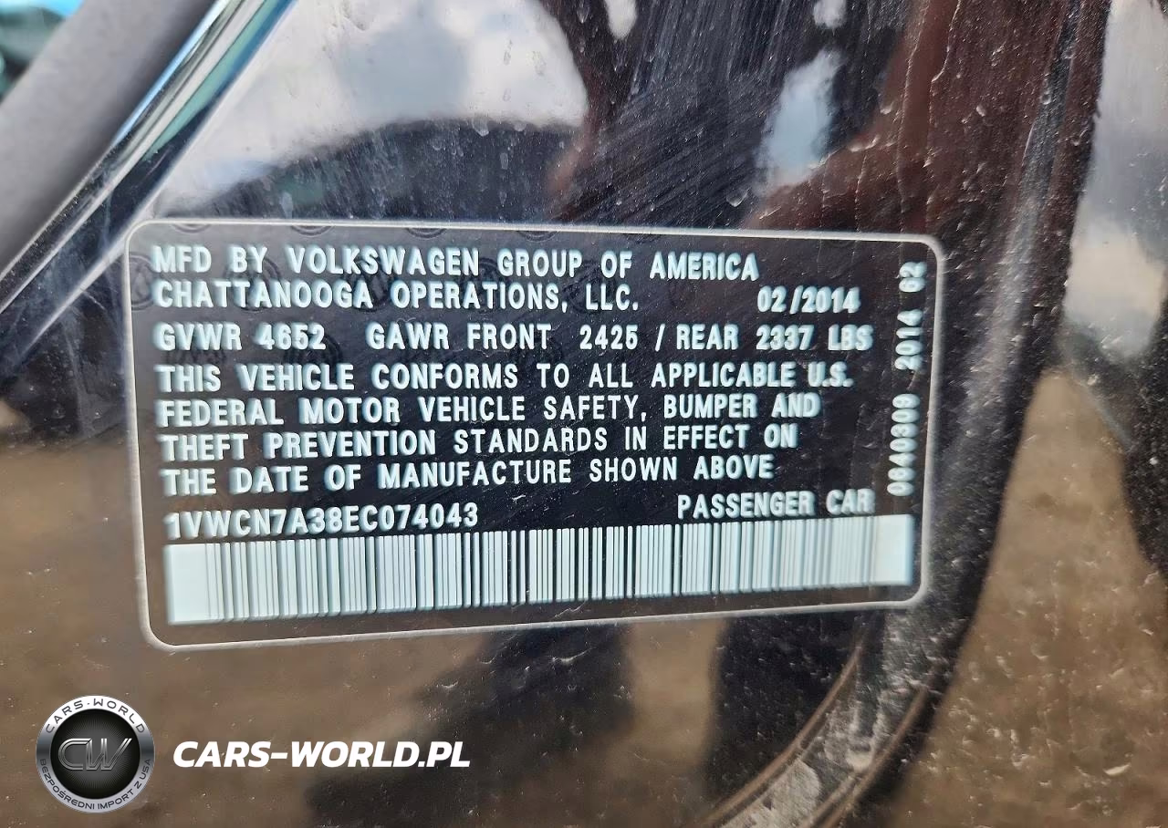 2014 Volkswagen Passat Sel VIN:1VWCN7A38EC074043 - 12