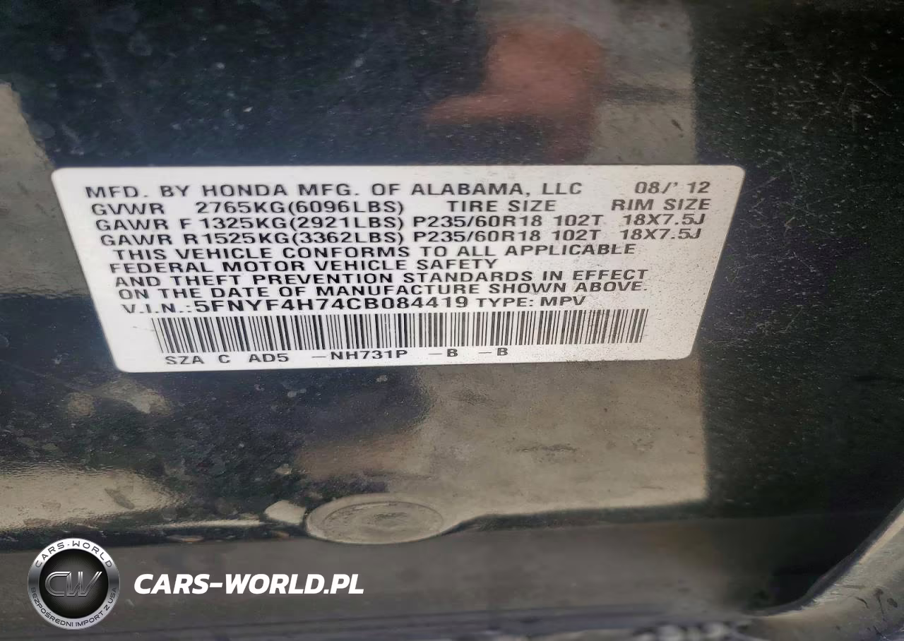 2012 Honda Pilot Exln VIN:5FNYF4H74CB084419 - 13
