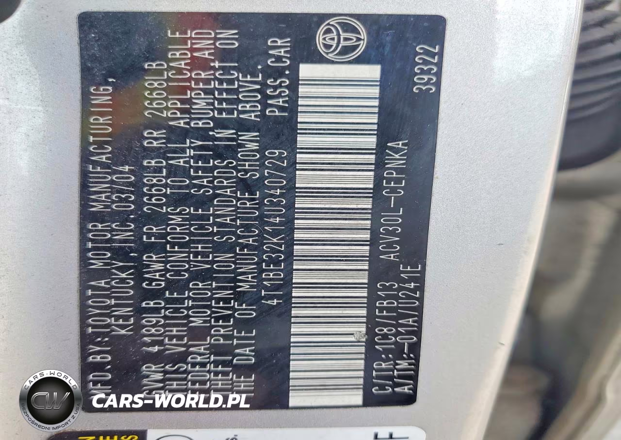 2004 Toyota Camry Le VIN:4T1BE32K14U340729 - 12