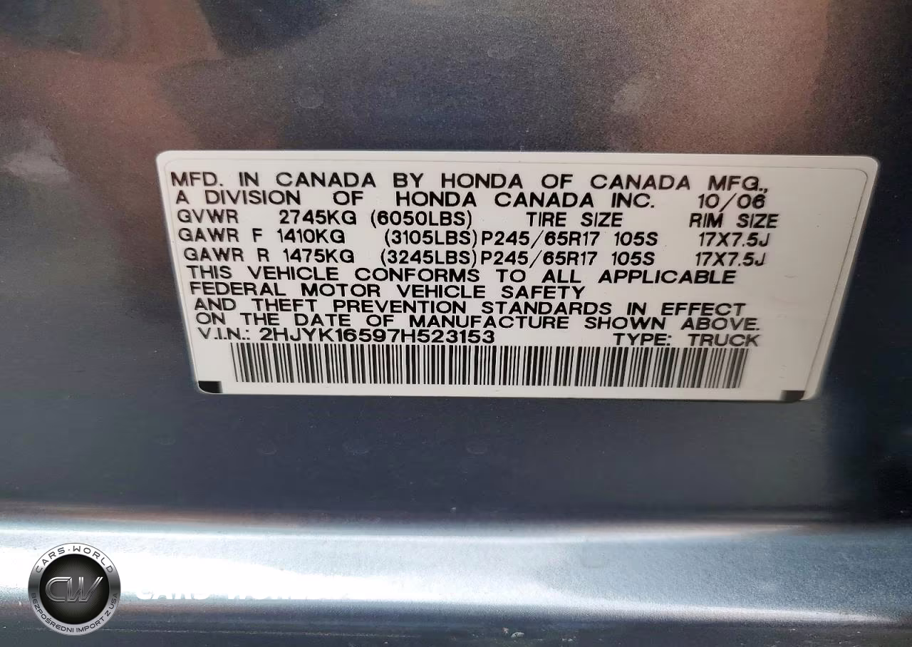2007 Honda Ridgeline Rtl VIN:2HJYK16597H523153 - 12