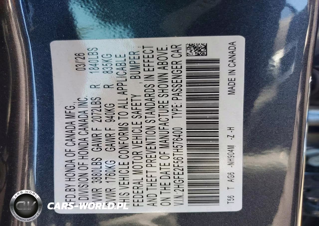 2026 Honda Civic Sport VIN:2HGFE2F56TH576400 - 12