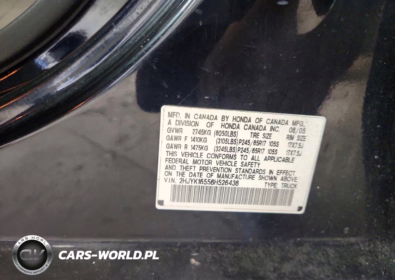 2006 Honda Ridgeline Rtl VIN:2HJYK16556H526436 - 12
