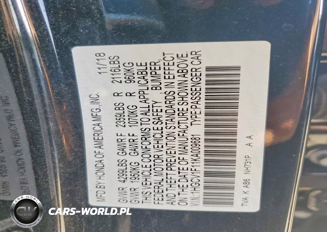 2019 Honda Accord Lx VIN:1HGCV1F11KA009681 - 12
