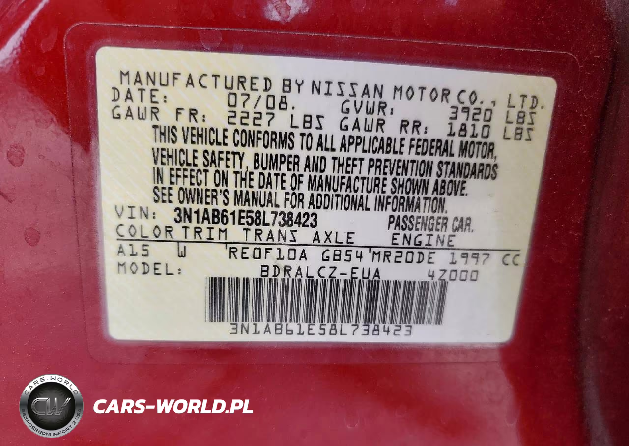 2008 Nissan Sentra 2.0 VIN:3N1AB61E58L738423 - 12
