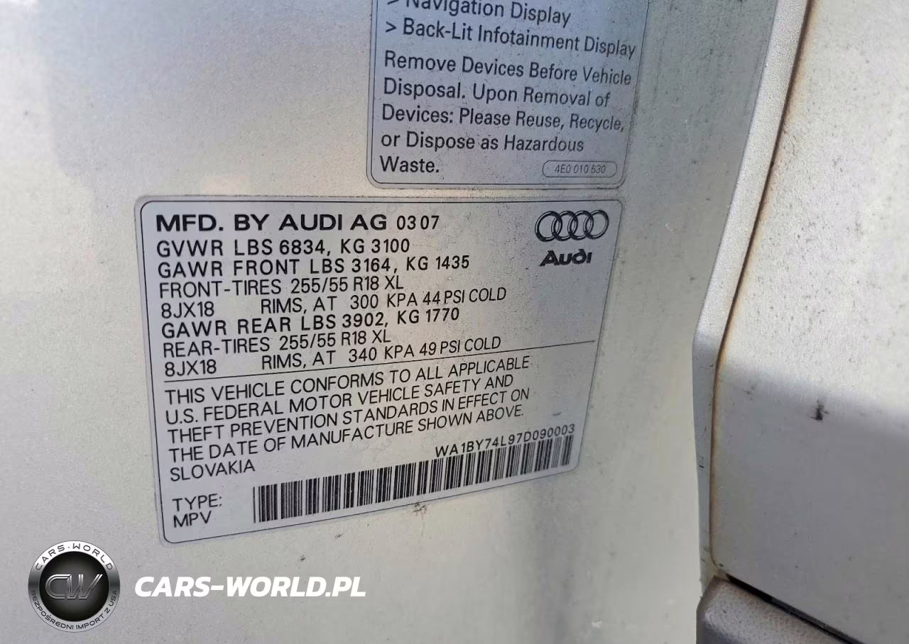 2007 Audi Q7 3.6 Quattro Premium VIN:WA1BY74L97D090003 - 13