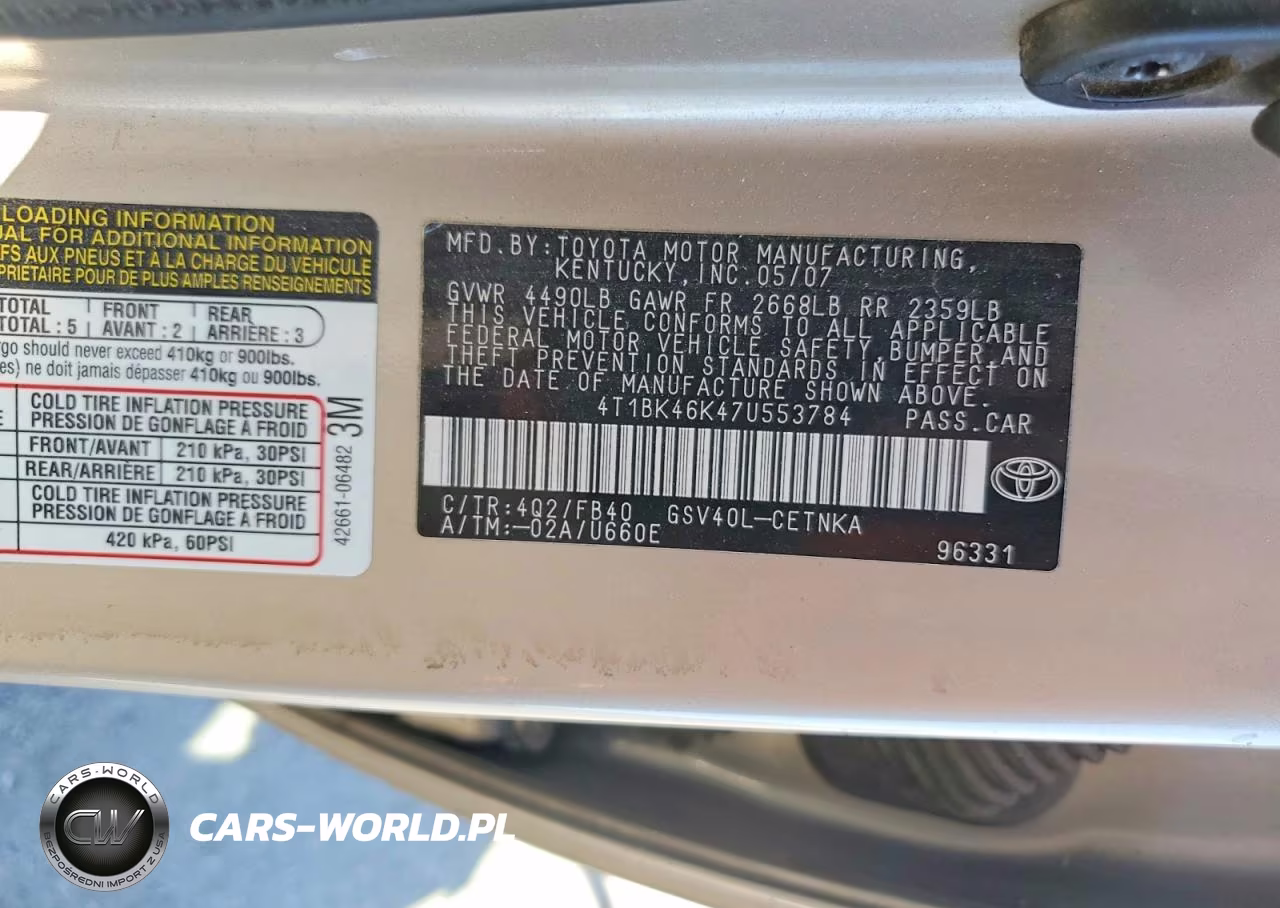 2007 Toyota Camry Le V6 VIN:4T1BK46K47U553784 - 12