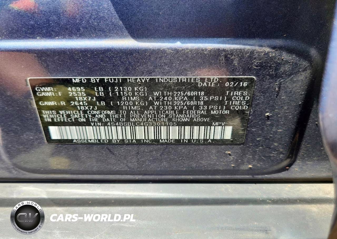 2016 Subaru Outback 2.5I Limited VIN:4S4BSBLC4G3301105 - 13